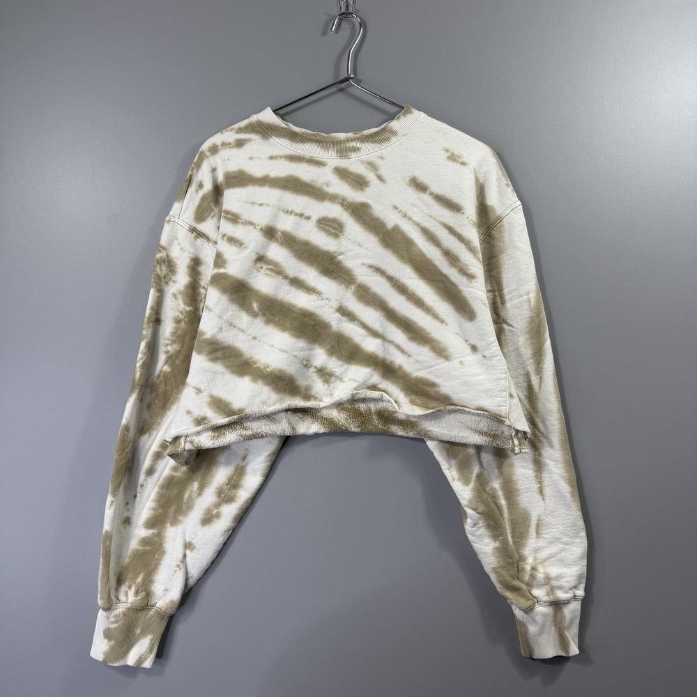 Good American Sweatshirt Womens 4 Beige Tie Dye Cropped Fleece Pullover Crewneck